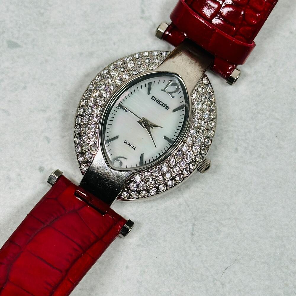 Chicos Watch Womens 32mm Rhinestone Bling MOP Dial Red Snakeskin New Battery